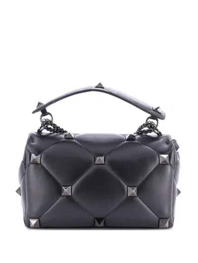 Pre-owned Valentino Garavani Roman Stud Flap Bag Quilted Leather Large Crossbody Bag In Black