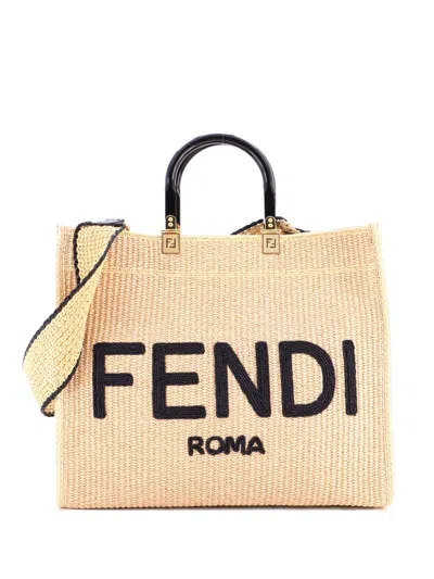 Pre-owned Fendi Sunshine Shopper Woven Raffia Medium Tote Bag In Neutral