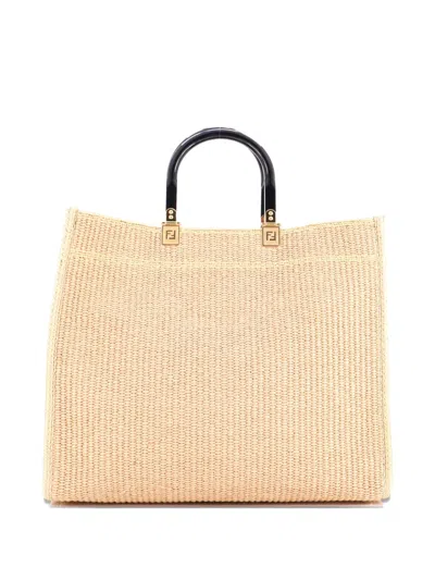 Pre-owned Fendi Sunshine Shopper Woven Raffia Medium Tote Bag In Neutral