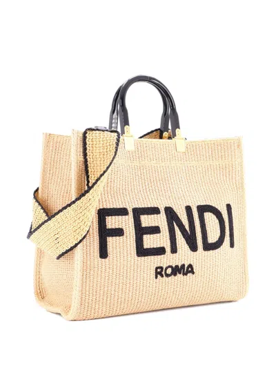 Pre-owned Fendi Sunshine Shopper Woven Raffia Medium Tote Bag In Neutral