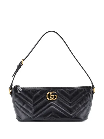 Pre-owned Gucci Gg Marmont Pochette Shoulder Bag Matelasse Leather Small Hobo Bag In Black