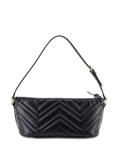 Pre-owned Gucci Gg Marmont Pochette Shoulder Bag Matelasse Leather Small Hobo Bag In Black