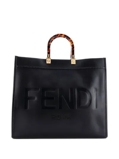 Pre-owned Fendi Sunshine Shopper Leather Large Tote Bag In Black