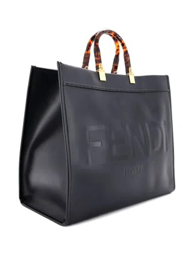 Pre-owned Fendi Sunshine Shopper Leather Large Tote Bag In Black