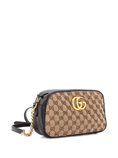 Pre-owned Gucci Gg Marmont Shoulder Bag Diagonal Quilted Gg Canvas With Leather Small Crossbody Bag In Neutral