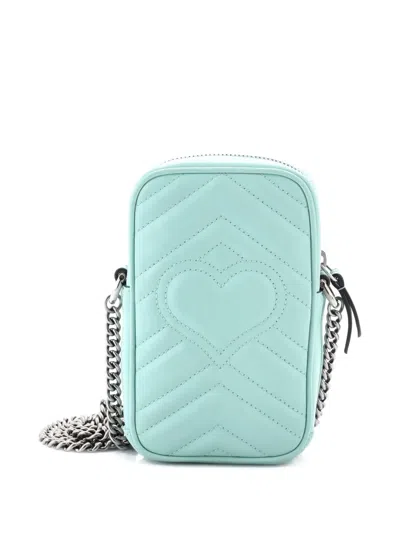 Pre-owned Gucci Gg Marmont Vertical Phone Matelasse Leather Mini Crossbody Bag In Blue