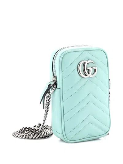 Pre-owned Gucci Gg Marmont Vertical Phone Matelasse Leather Mini Crossbody Bag In Blue