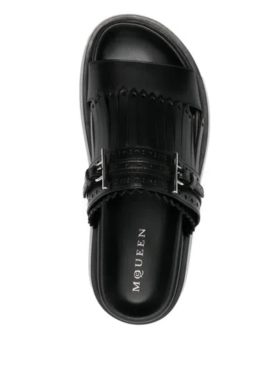Alexander Mcqueen Alexander Mc Queen T Bar Fringed Black Sandals In Black