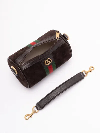 Gucci Dark Brown Suede Mini Ophidia Handbag In Multi