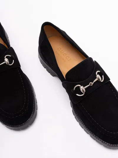 Gucci Suede Loafers Featuring Metallic Buckle In Black