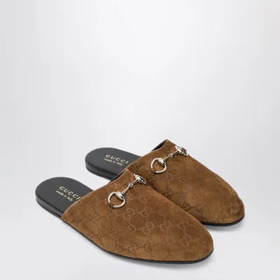 Gucci Sabot Suede Horsebit Flat Shoes Brown In Brown