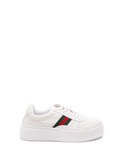 Gucci Women White Sneakers With Web Detail And Oversized Sole In Leather Woman