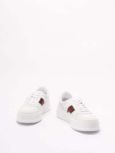Gucci Women White Sneakers With Web Detail And Oversized Sole In Leather Woman