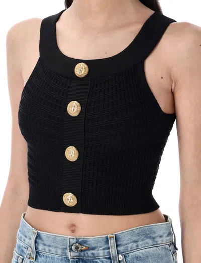 Balmain Knit Top With Gold Buttons In Black