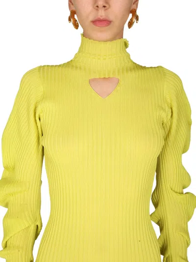 Bottega Veneta Turtleneck Cut-out Rib-knit Dress In Green