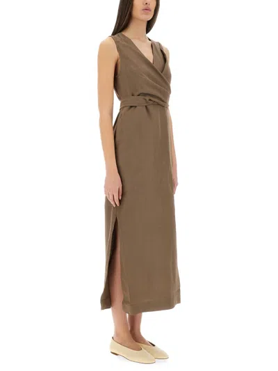 Brunello Cucinelli Wrap Effect Linen Dress In Brown