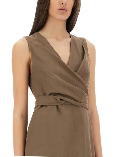 Brunello Cucinelli Wrap Effect Linen Dress In Brown