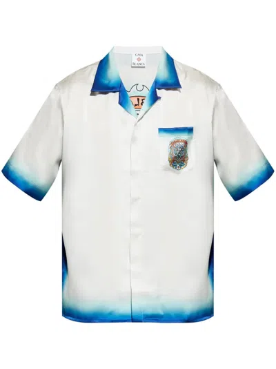 Casablanca White Shirt With Cuban Collar And Maxi Logo Printed On The Back In White