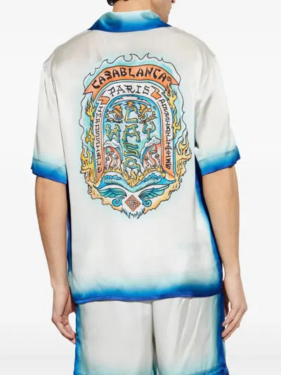 Casablanca White Shirt With Cuban Collar And Maxi Logo Printed On The Back In White