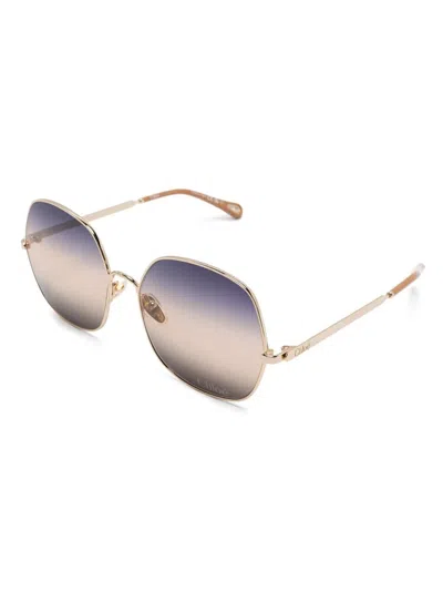 Chloé Gold-gold-blue Metal Sunglasses In Gold
