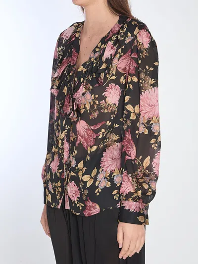 Chloé V-neck Ruffled Blouse In Silk Charmeuse In Multi