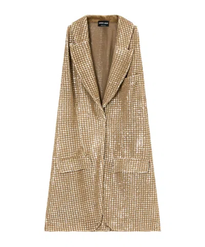 Giorgio Armani Long Jersey Waistcoat With A Flocked Print And Sequins In Brown