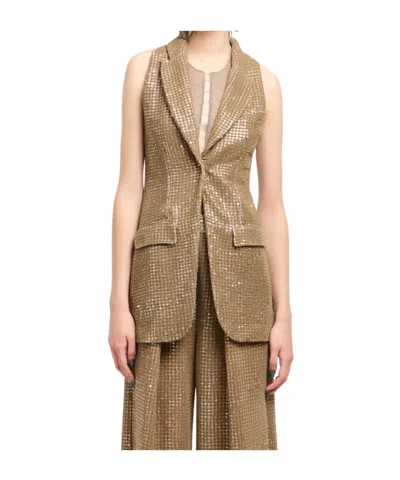 Giorgio Armani Long Jersey Waistcoat With A Flocked Print And Sequins In Brown
