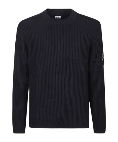 C.p. Company Ribbed Knit Sweater With Patch Pocket And Logo Detail In Blue