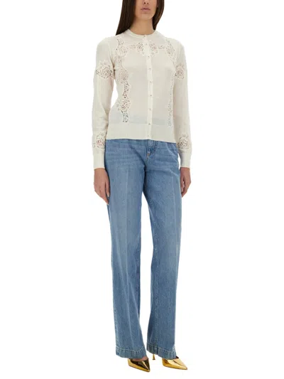 Dolce & Gabbana Cashmere And Silk Cardigan With Lace Inlay In Neutral