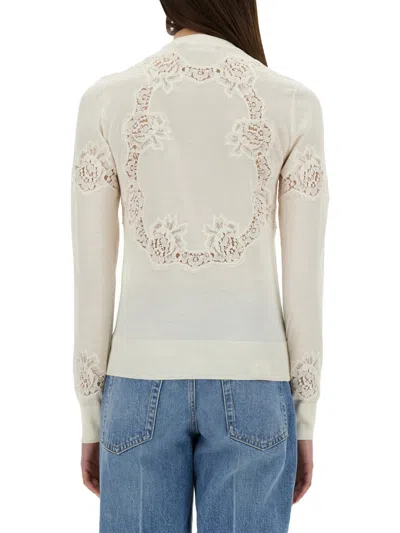 Dolce & Gabbana Cashmere And Silk Cardigan With Lace Inlay In Neutral