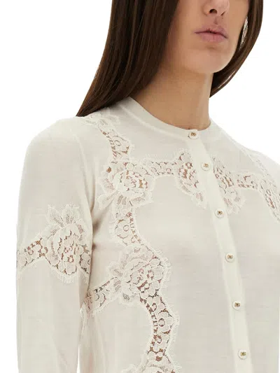 Dolce & Gabbana Cashmere And Silk Cardigan With Lace Inlay In Neutral
