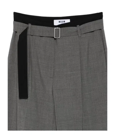 Msgm Belted Pleated Straight Leg Trousers In Gray