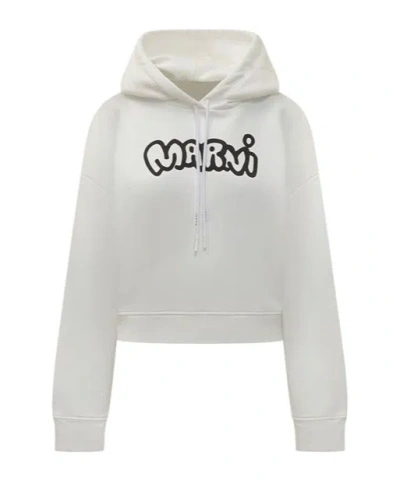 Marni Logo Printed Drawstring Hoodie In White