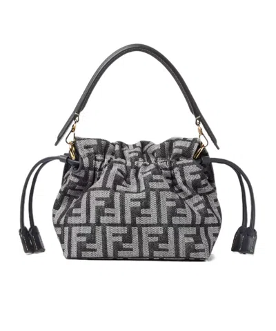 Fendi Dark Blue Ff Flocked Denim Mini-bag In Blue