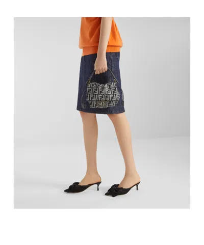 Fendi Dark Blue Ff Flocked Denim Mini-bag In Blue