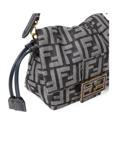 Fendi Dark Blue Ff Flocked Denim Mini-bag In Blue