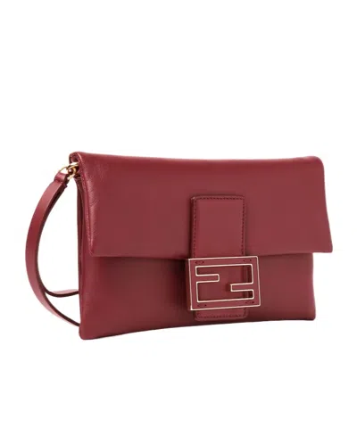 Fendi Nappa Leather Mamma Baguette Pouch With Chain In Burgundy