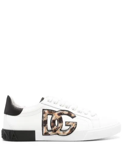 Dolce & Gabbana Women White Low Top Sneaker With Animal-motif Logo In Leather Woman In Multi