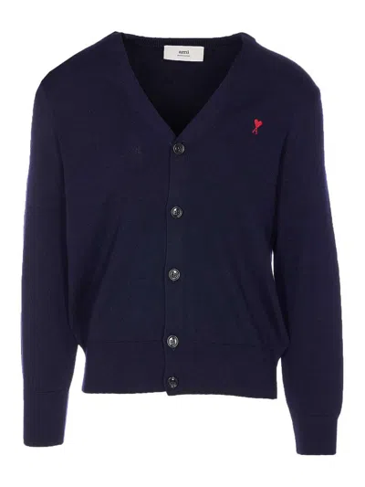 Ami Alexandre Mattiussi Ami Paris Men Blue Cardigan With V Neck And Adc Embroidery On The Front In Wool Blend Man