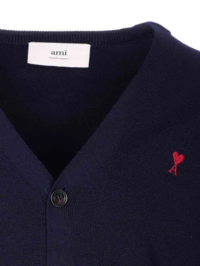 Ami Alexandre Mattiussi Ami Paris Men Blue Cardigan With V Neck And Adc Embroidery On The Front In Wool Blend Man