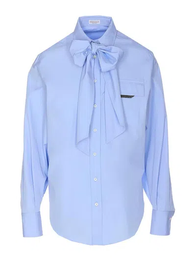 Brunello Cucinelli Bow Pocket Long Sleeve Shirt In Blue
