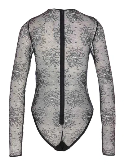 Dolce & Gabbana Women Black Bodysuit With All-over Floral Embroidery And Semi-sheer Design In Stretc In Animal Print