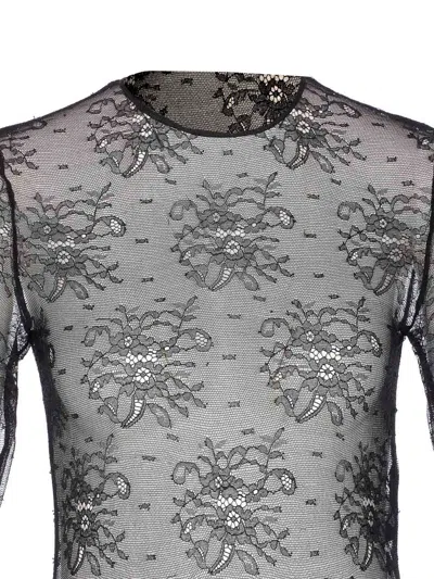 Dolce & Gabbana Women Black Bodysuit With All-over Floral Embroidery And Semi-sheer Design In Stretc In Animal Print