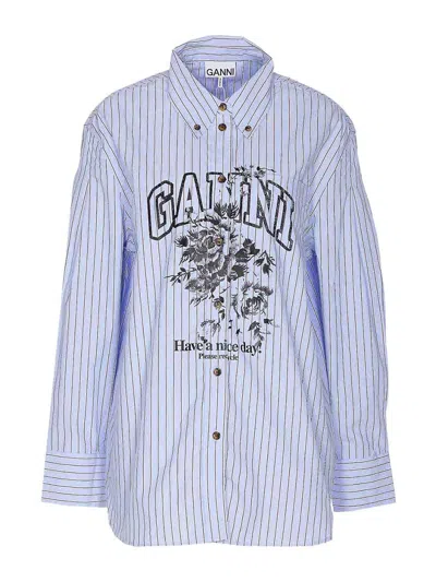 Ganni Striped Cotton Shirt With Print In Black