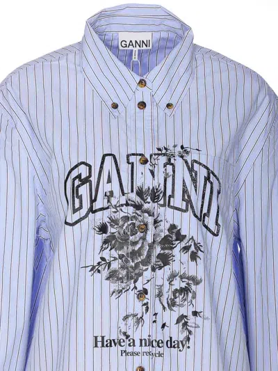 Ganni Striped Cotton Shirt With Print In Black