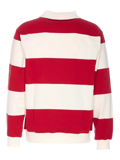 Drôle De Monsieur Striped Long Sleeve Polo Shirt With Embroidery In Red