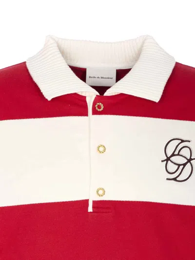 Drôle De Monsieur Striped Long Sleeve Polo Shirt With Embroidery In Red