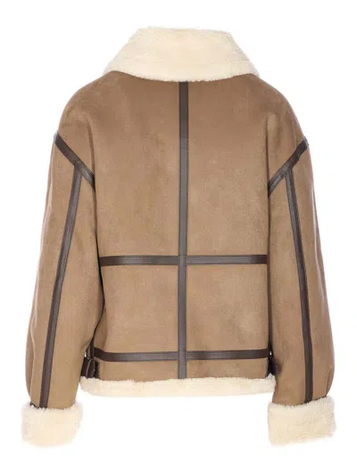 Dunst Khaki Beige Faux Fur Leather Jacket In Animal Print