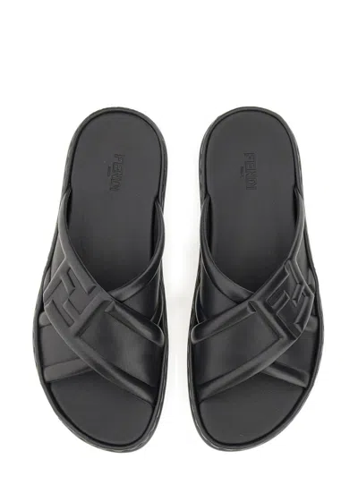 Fendi Ff Nappa Leather Sandals In Black