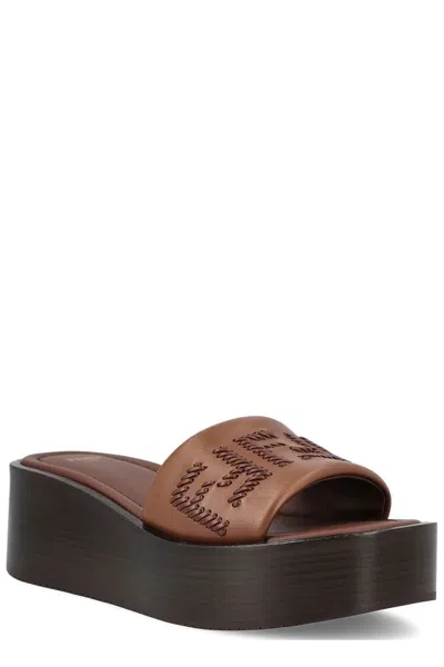 Fendi Women Brown Slides With Wedge Heel And Ff Motiv On The Band In Leather Man